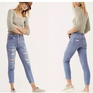 Free People Blossom Rigid High Rise Button Fly Jeans Distress Size 25 Actual 28
